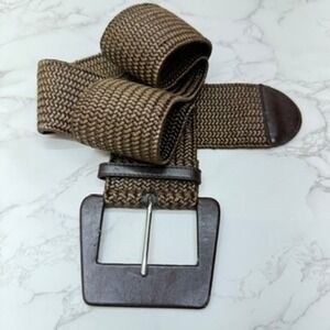 Woven Stretch Belt 39" Women Brown Square Buckle Wide Casual Fashion Accessory